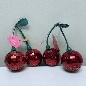 3 for $15 SALE Set of 2 Red Disco Ball Cherries Ornaments, 5" Green Glitter, New
